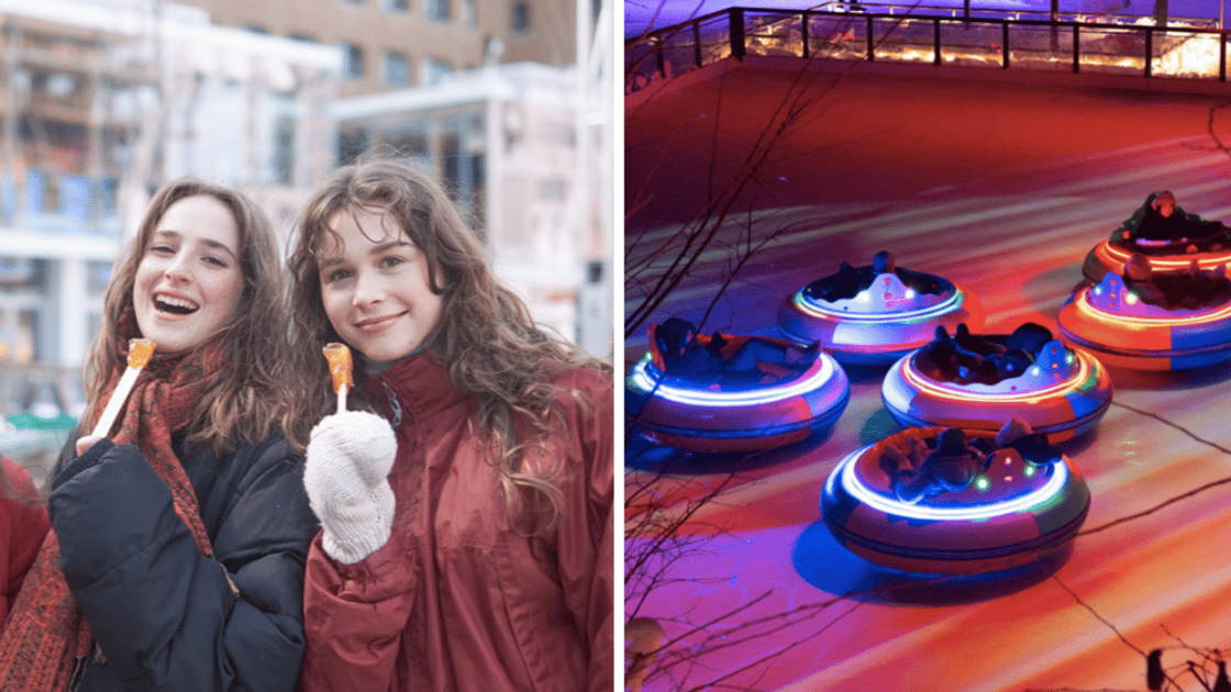 two-people-enjoy-maple-taffy-on-sticks-right-futuristic-bumper-cars-zoom-across-a-skating-rink